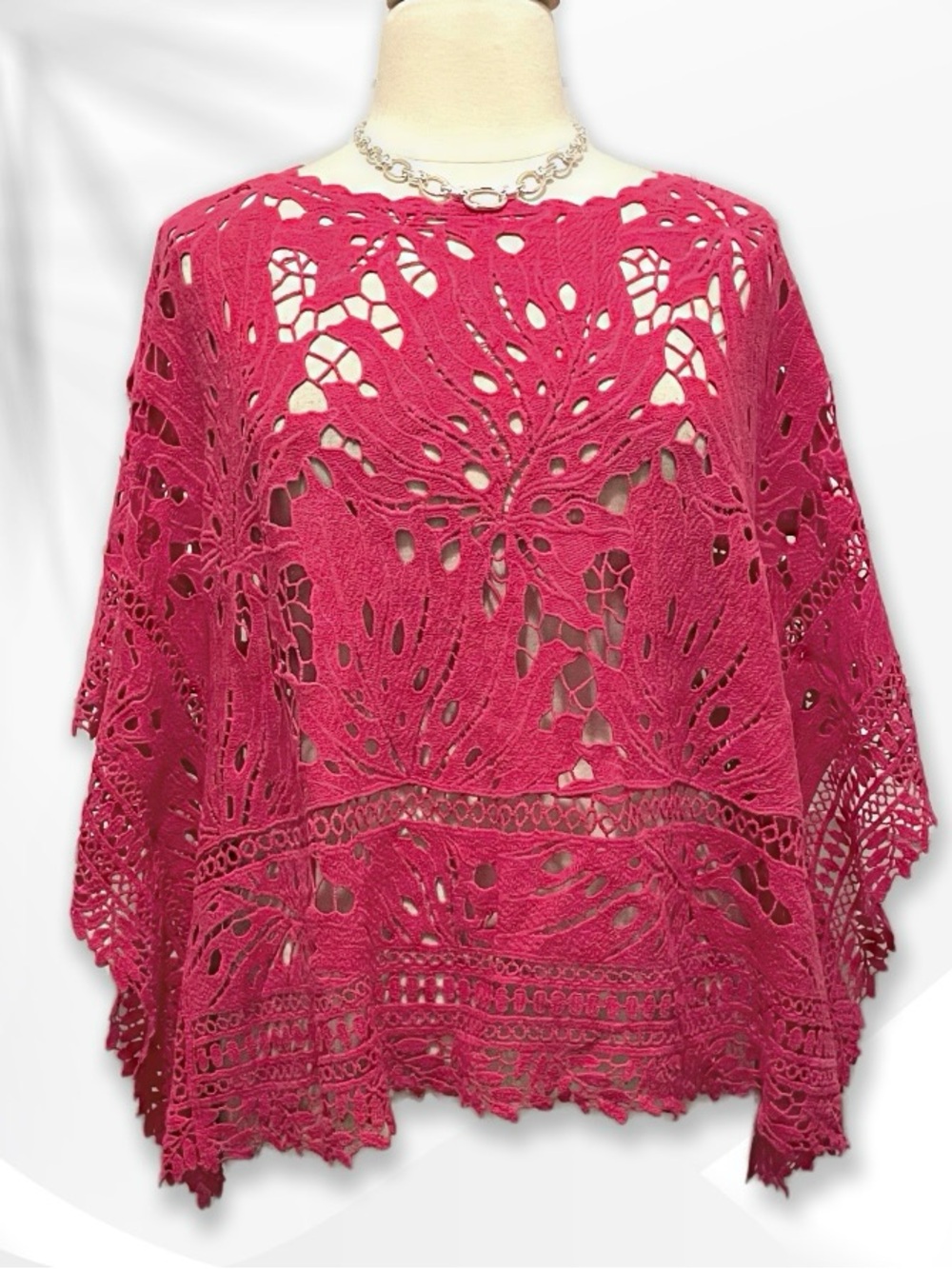 Chico's Crochet Lace Poncho in Raspberry XL